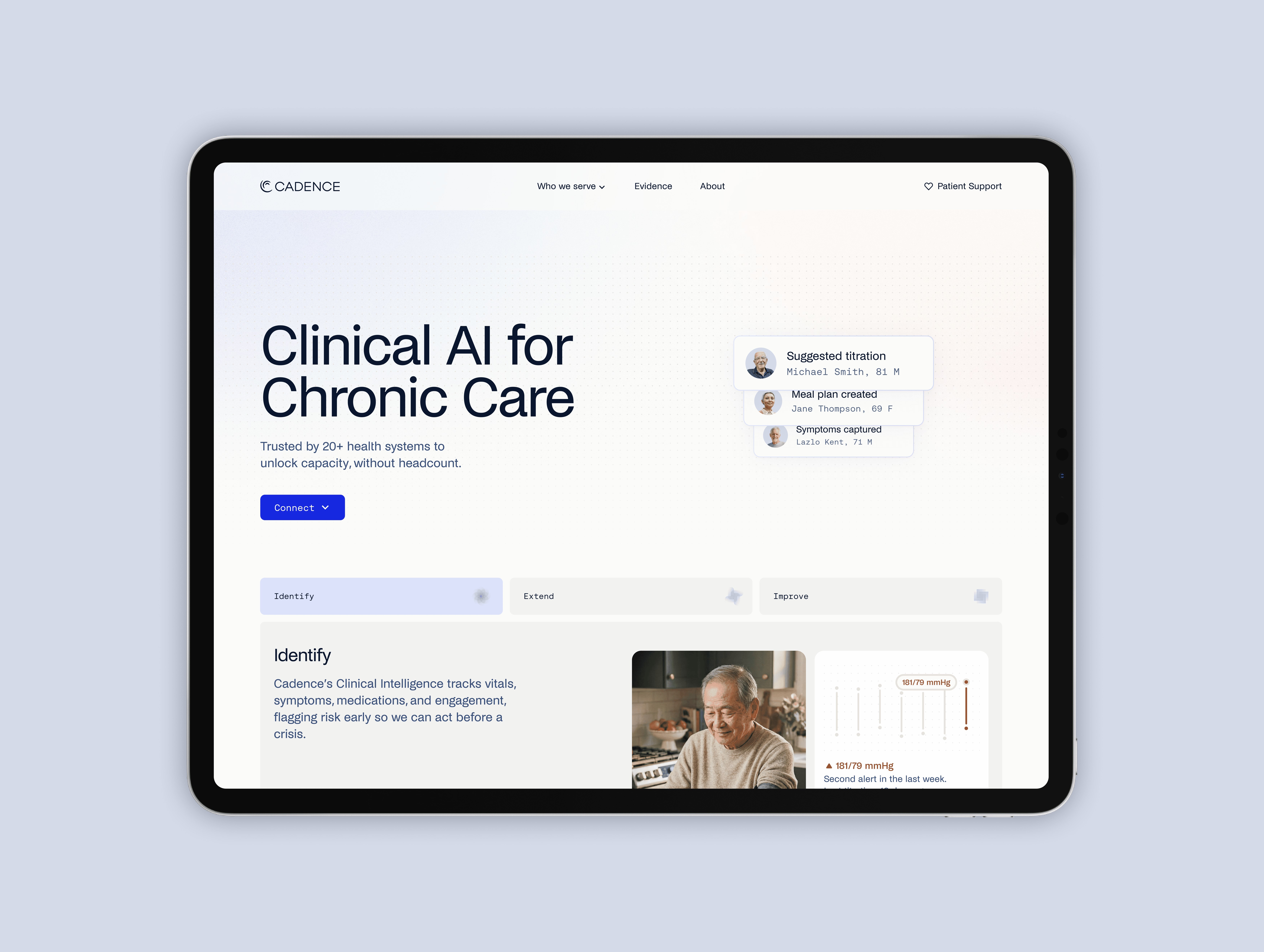 Cadence visual system shown across patient, clinician, product, and campaign imagery
