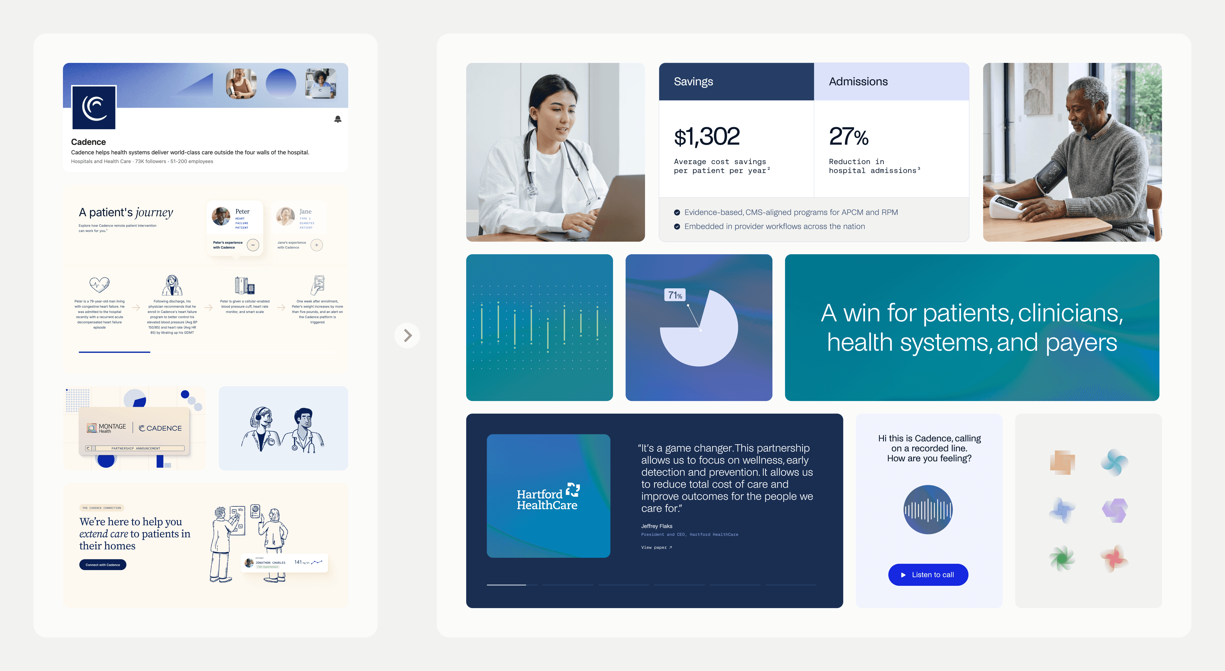 Cadence website pages, digital interface, typography, color, and photography working as one system