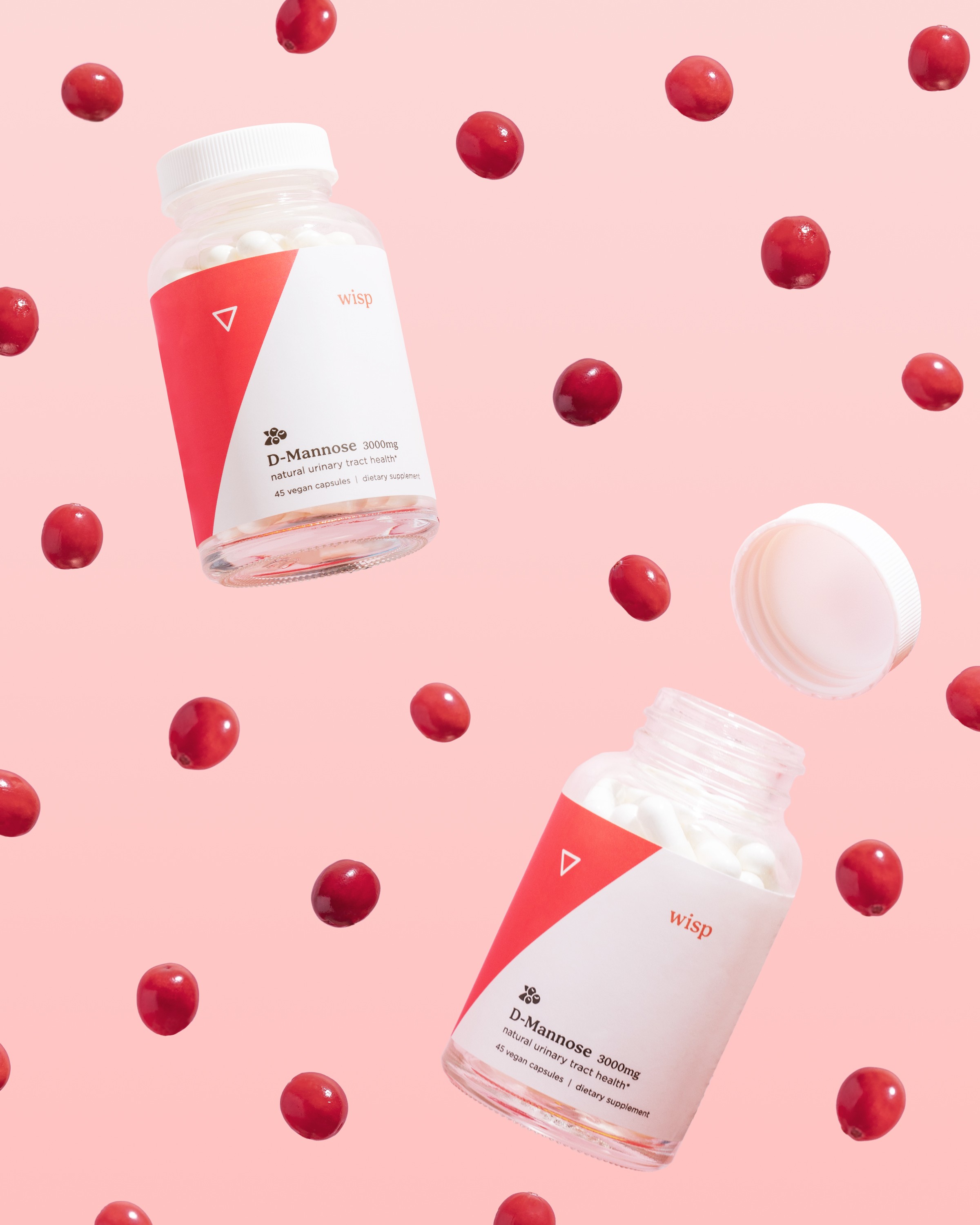 Wisp D-Mannose product photography with cranberries